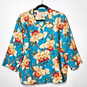 Jones New York Sport 100% Linen Floral Hawaiian Button-Up Womens XL Top Tropical